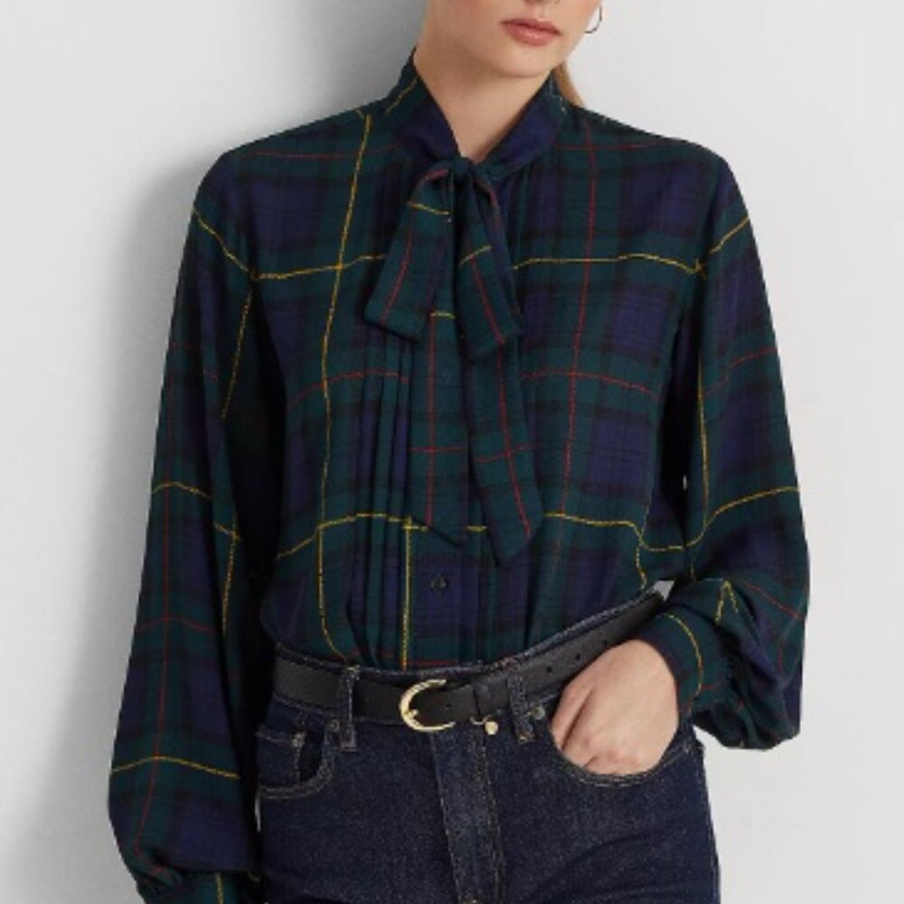 Polo Ralph Lauren Women's Green Blue Plaid Ruffle-Trim Georgette Shirt Size S